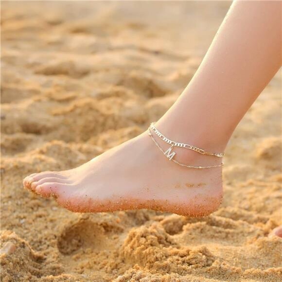 Ankle Bracelets for Women,14K GoldPlated Dainty Layered Chain CZ Initial Anklets - Picture 4 of 7
